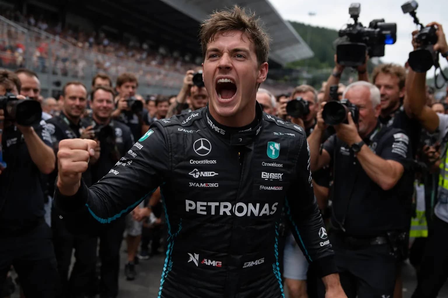George Russell celebrating his victory on the podium at the Austrian Grand Prix.