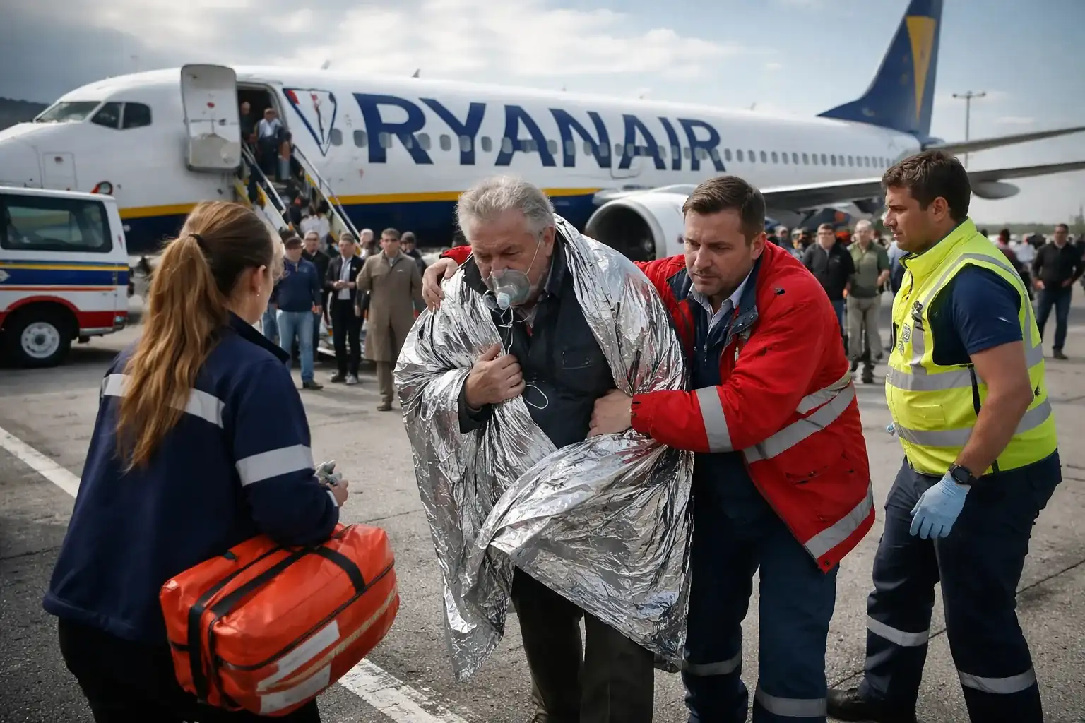 Inside a Ryanair plane with oxygen masks deployed following a cabin window failure.