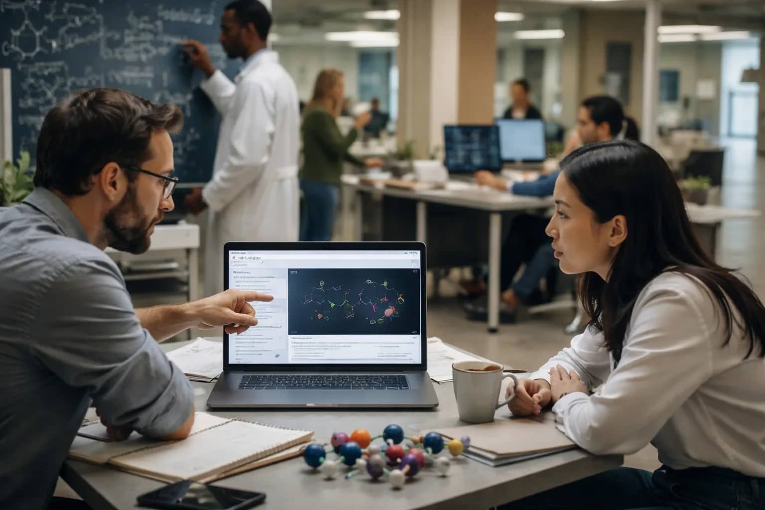A visual representation of molecular simulation and digital drug discovery tools being used on a computer interface.