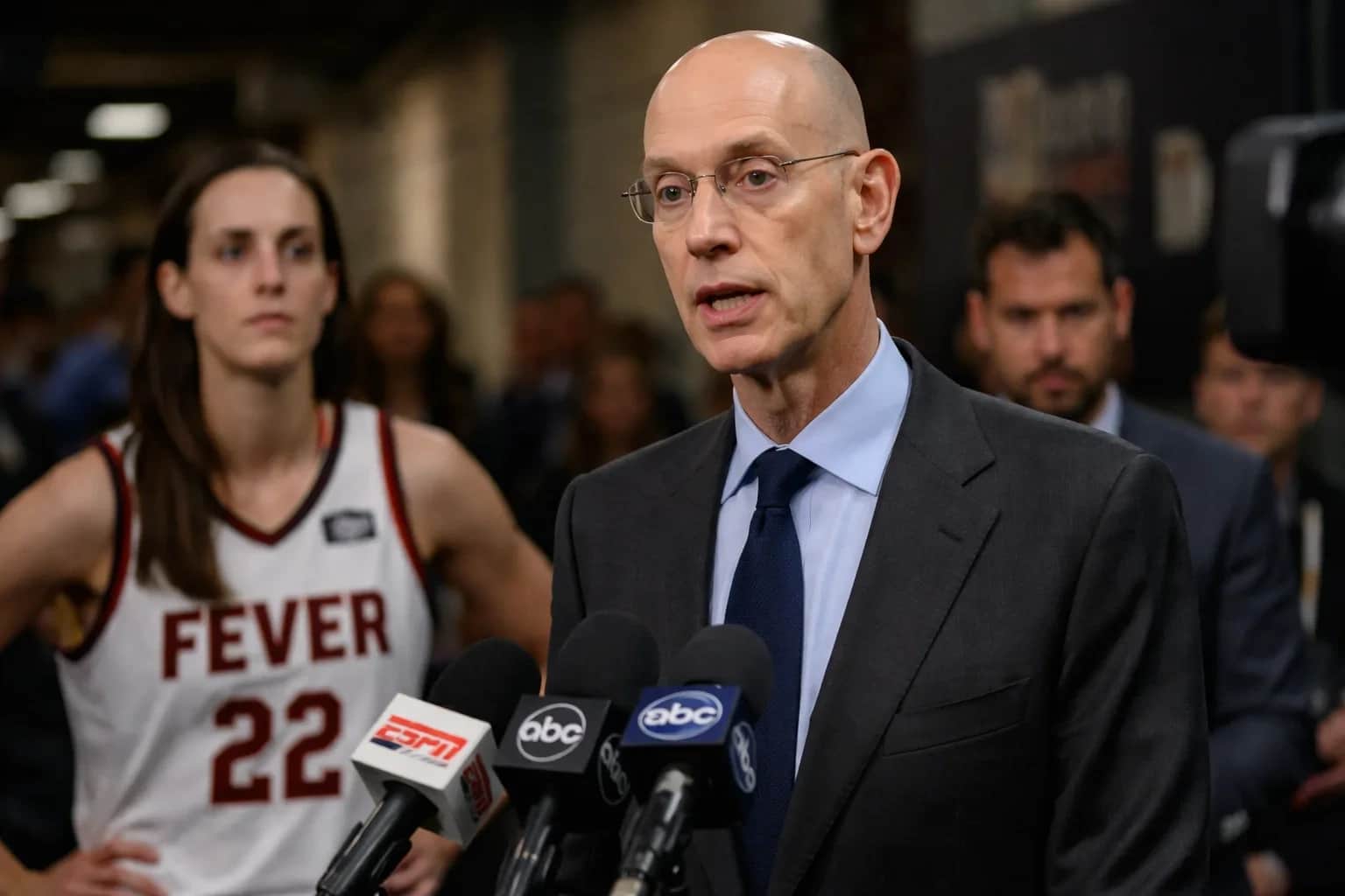 NBA Commissioner Adam Silver speaking at a press conference about the WNBA and Caitlin Clark.