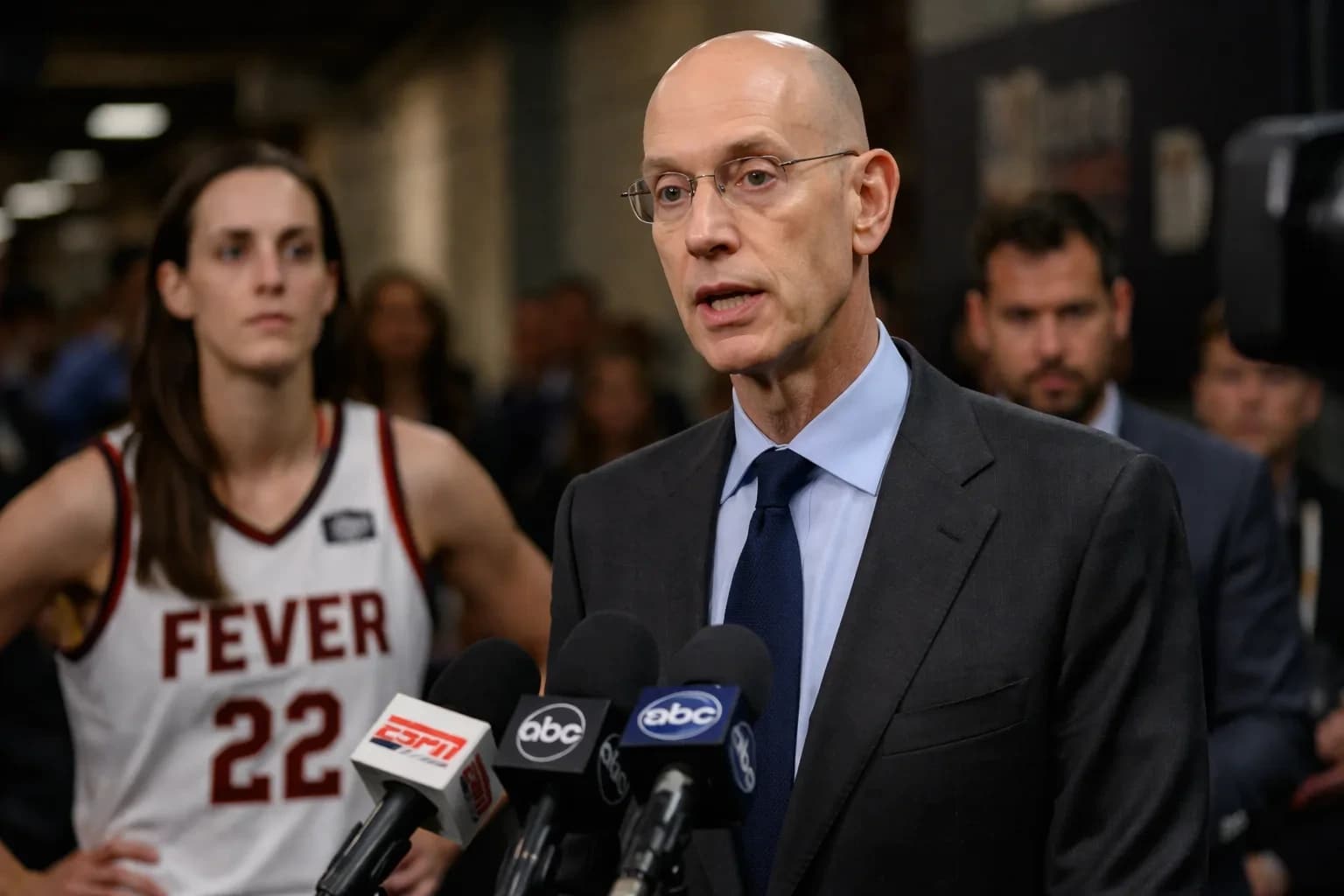 NBA Commissioner Adam Silver speaking at a press conference about the WNBA and Caitlin Clark.