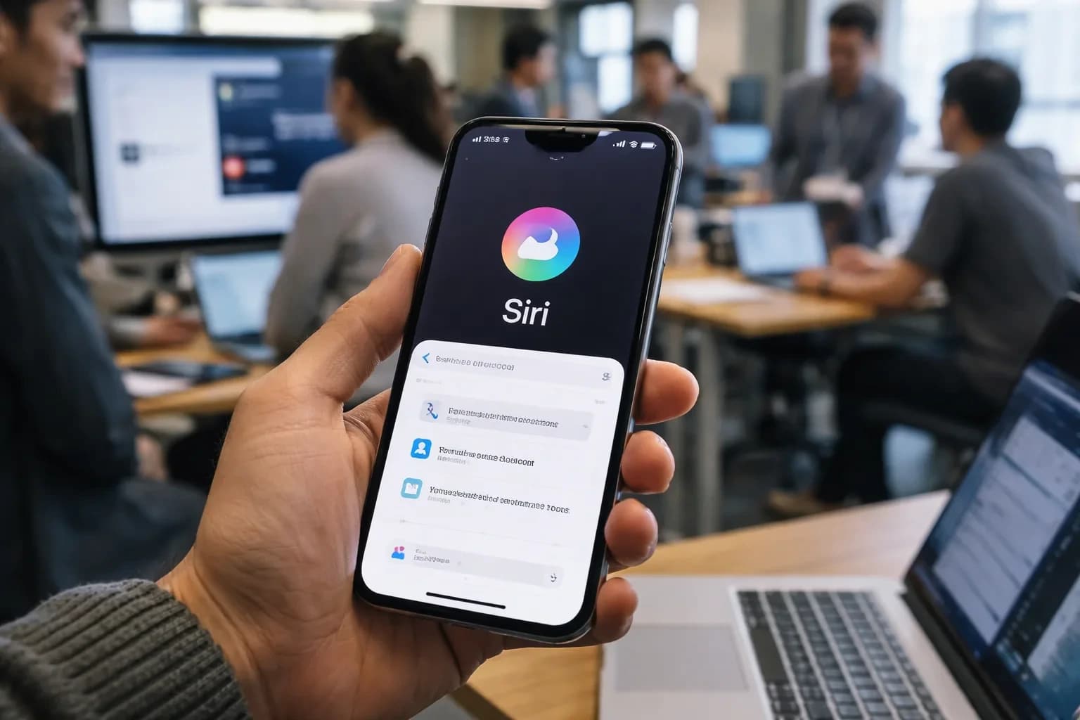 Illustration showing a conceptual Siri interface on an iPhone with AI chat features.