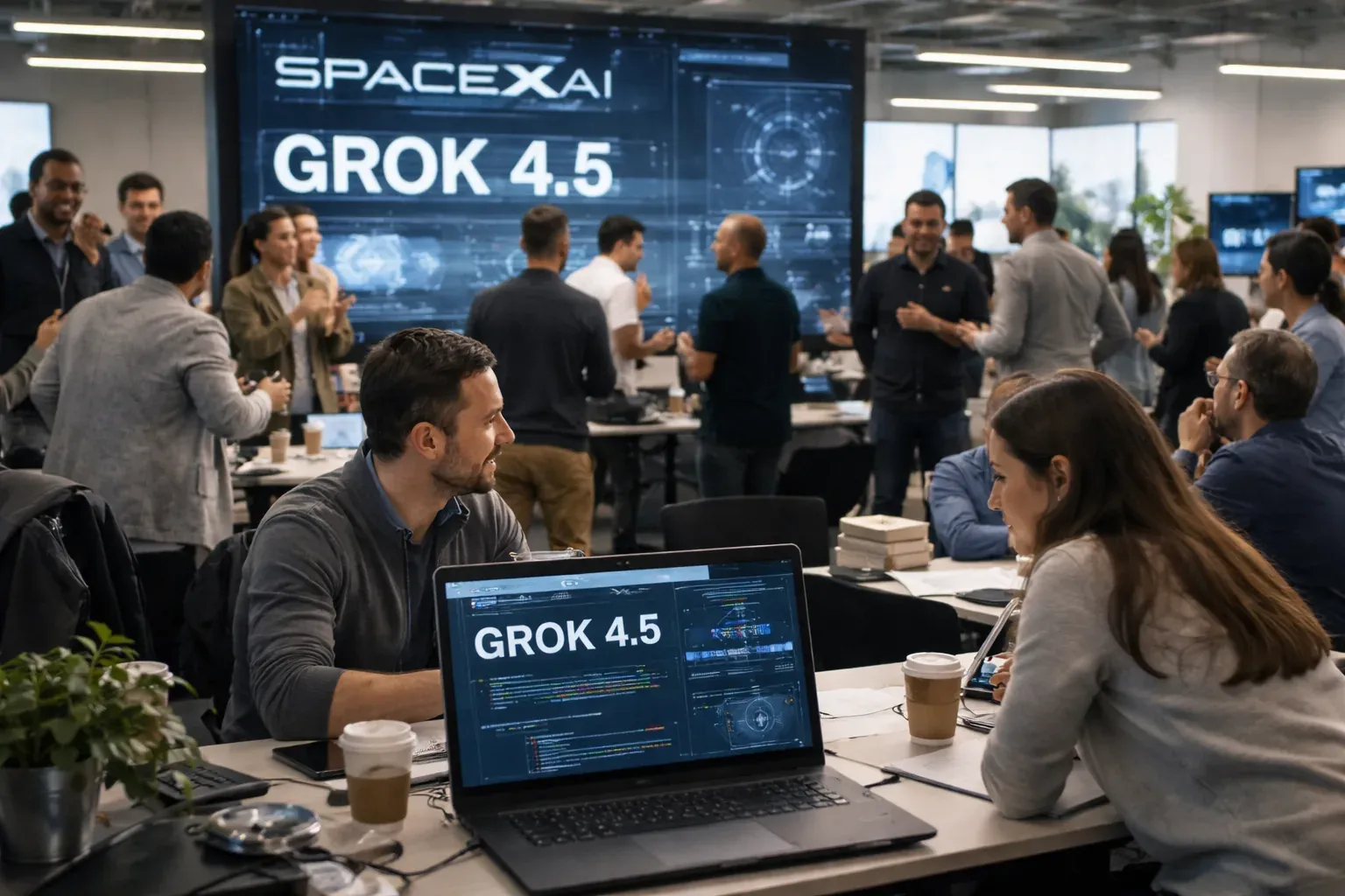 SpaceXAI Grok 4.5 model benchmark comparison chart showing token efficiency and performance metrics.