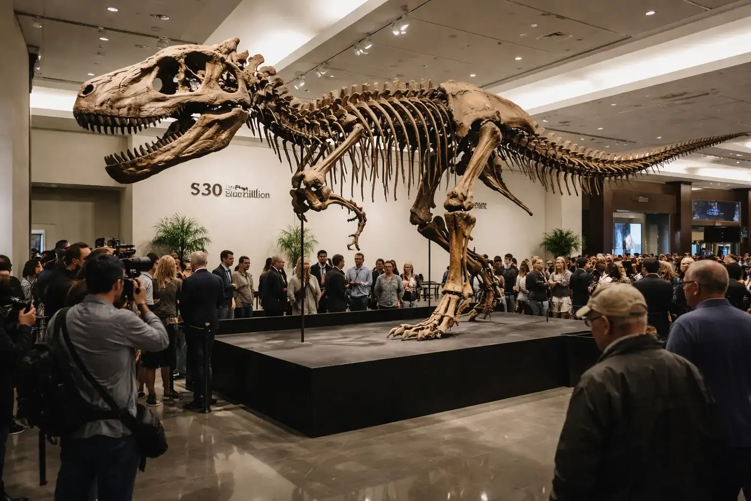 Gus the T. rex fossil prepared for auction at Sotheby's.