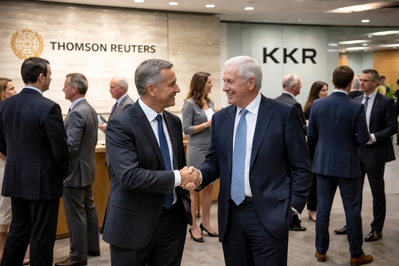 The logo of Thomson Reuters alongside a representation of global business partnership and professional publishing.