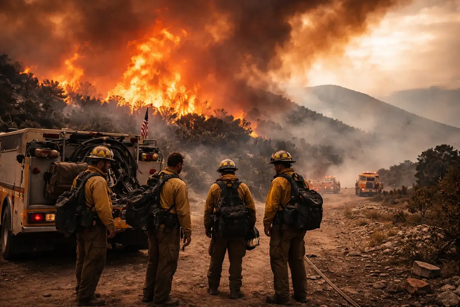 A wildland firefighting crew works to contain active flames in a heavily forested area on the Colorado-Utah border.