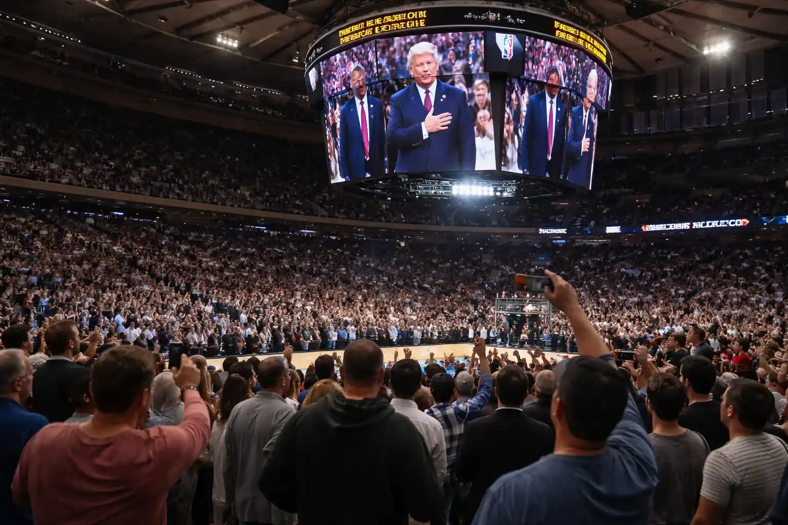 Donald Trump shown on the jumbotron at Madison Square Garden during the NBA Finals.