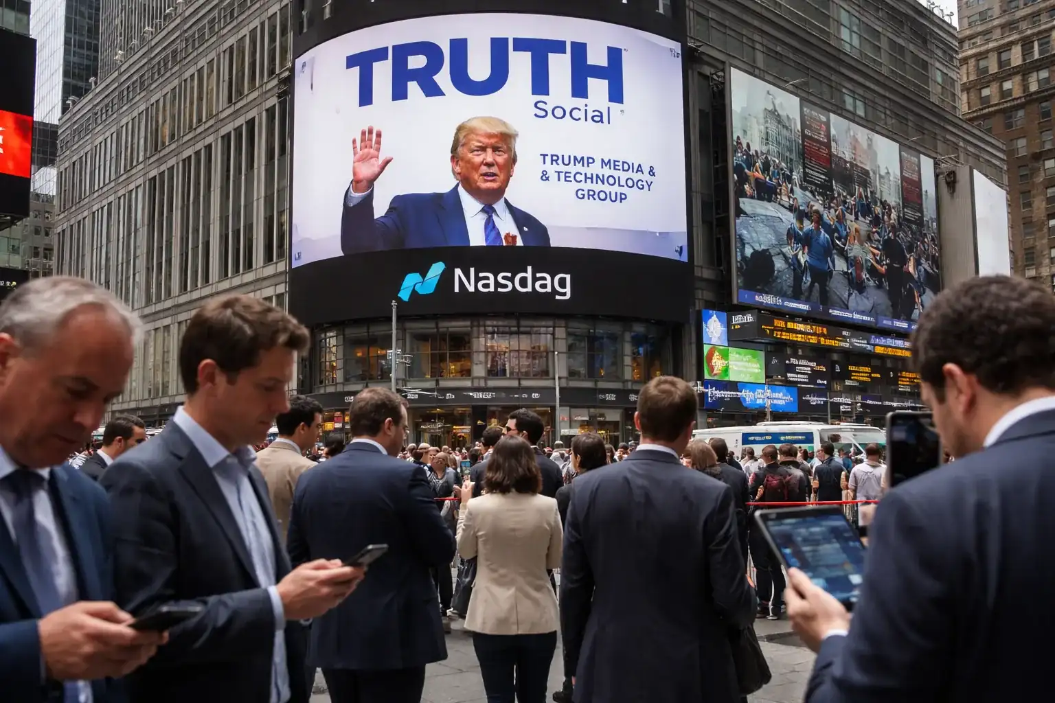 Institutional financial buildings and the Truth Social logo represent the intersection of market trading and social media data.