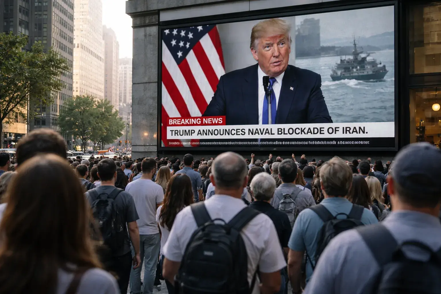 A commercial ship transiting the Strait of Hormuz amidst rising US-Iran tensions and a new naval blockade.