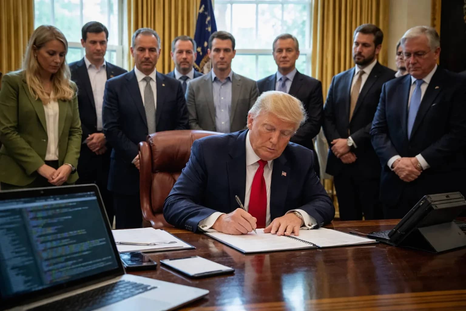 A photograph of the White House and digital representations of artificial intelligence circuitry.