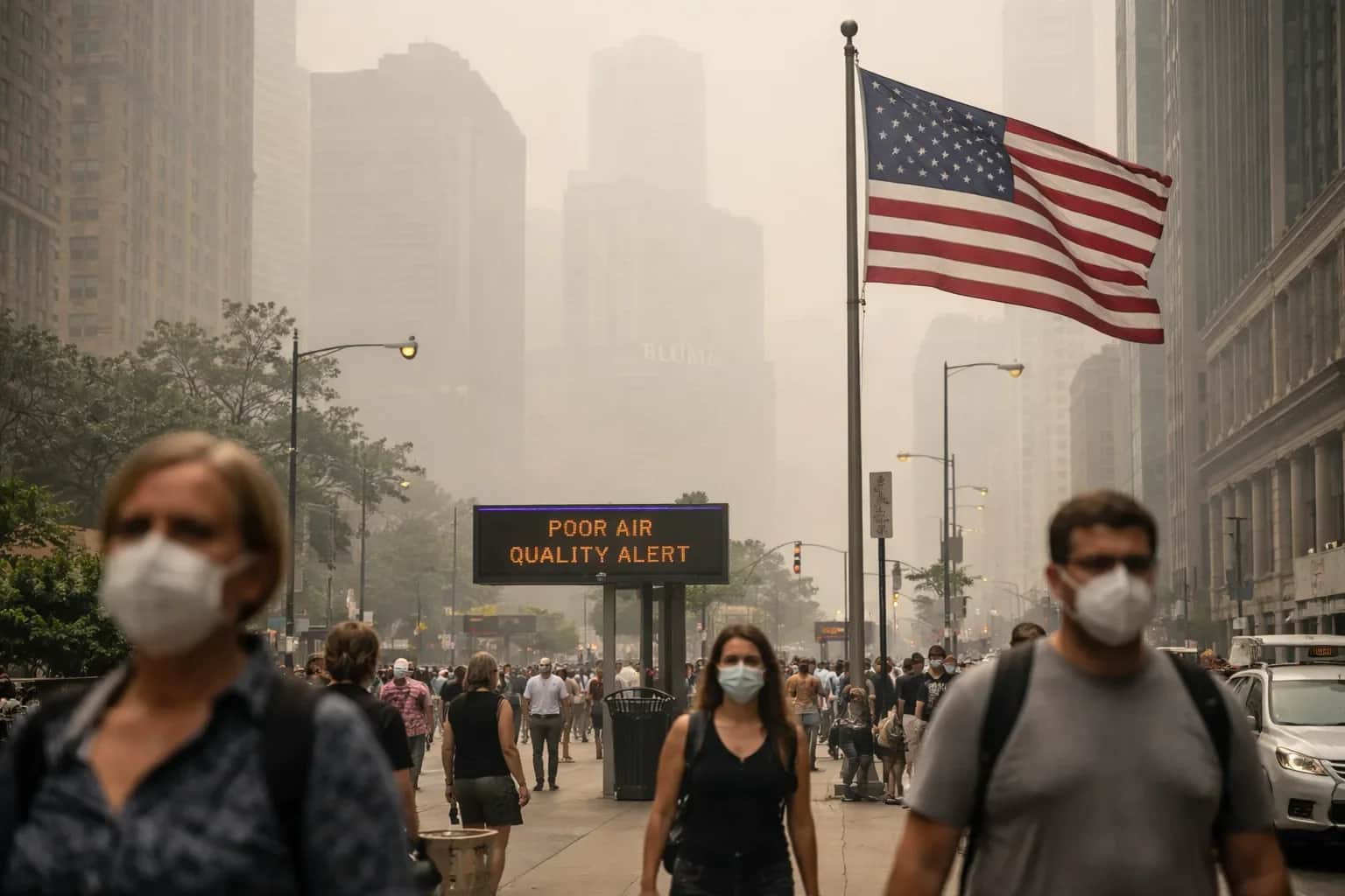 Orange smoke from wildfires blankets a city skyline, reflecting hazardous air quality conditions.