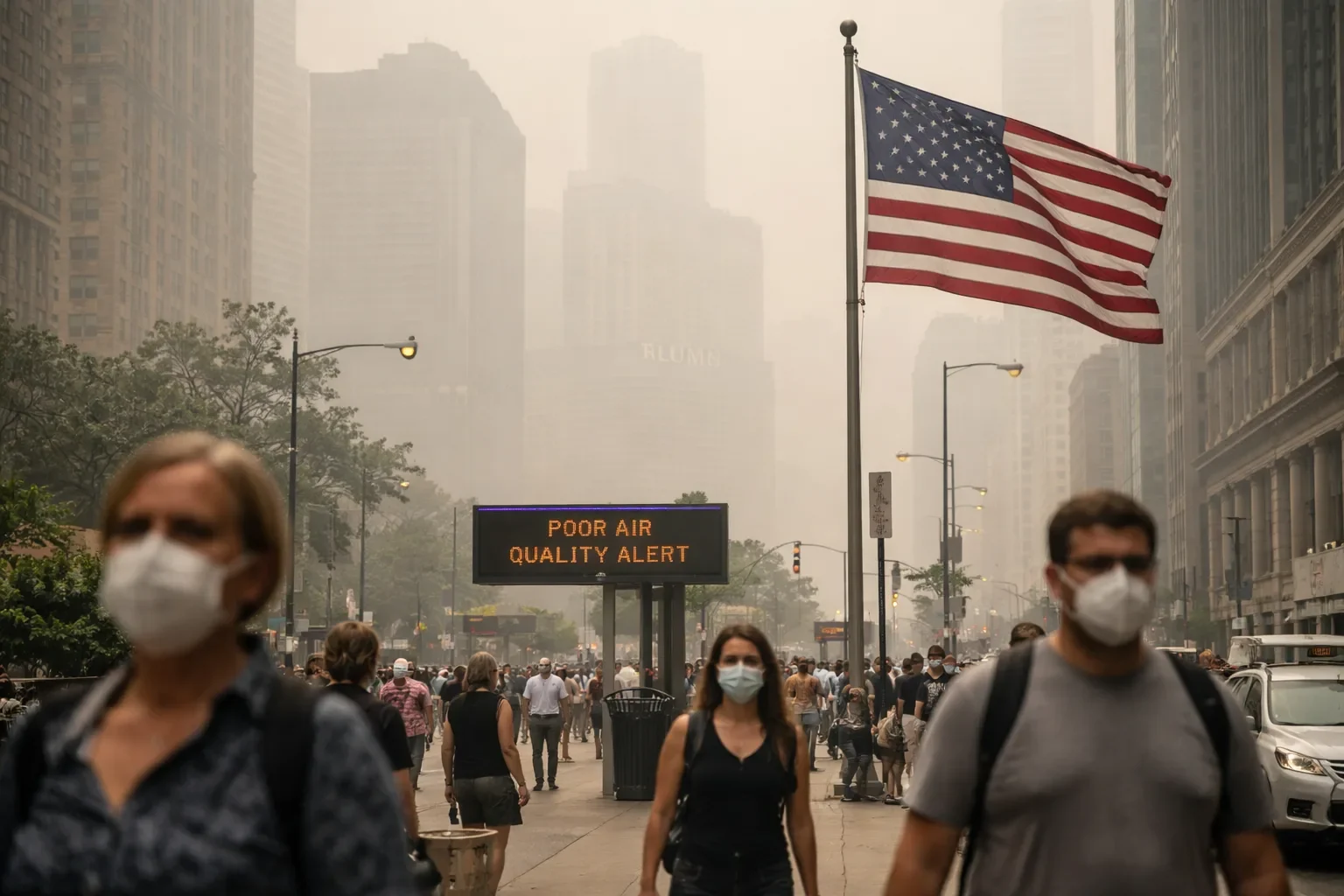 Orange smoke from wildfires blankets a city skyline, reflecting hazardous air quality conditions.