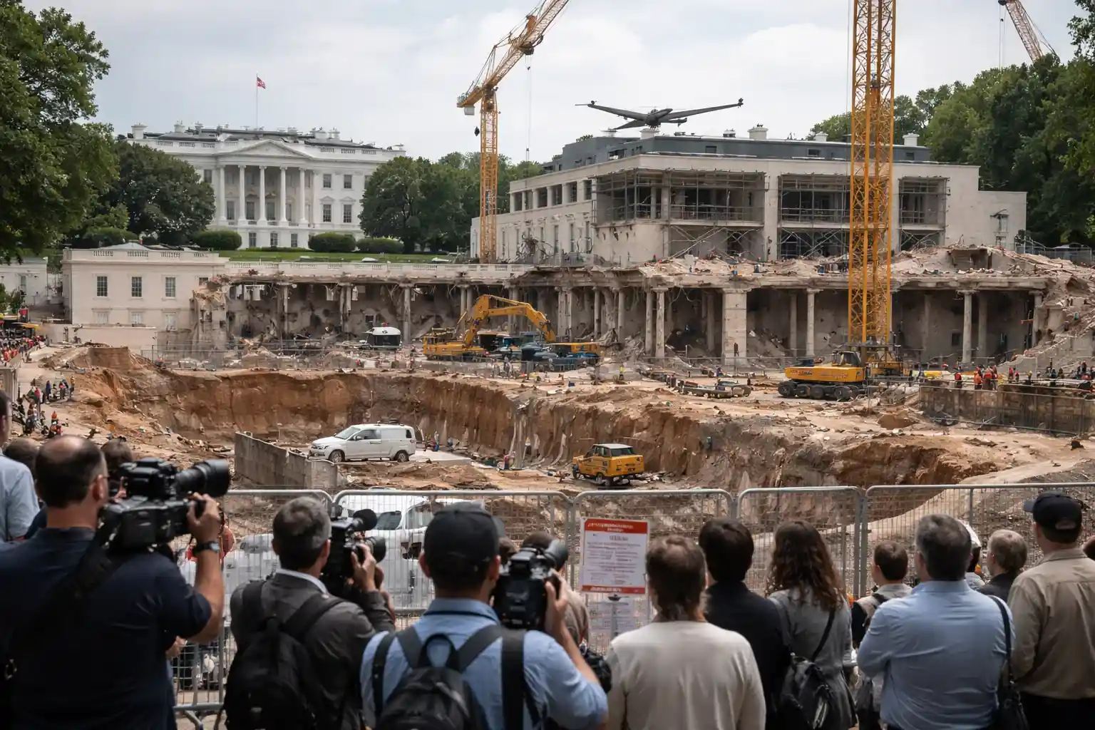 A visual representation of the White House grounds showing major excavation work for the new ballroom complex.