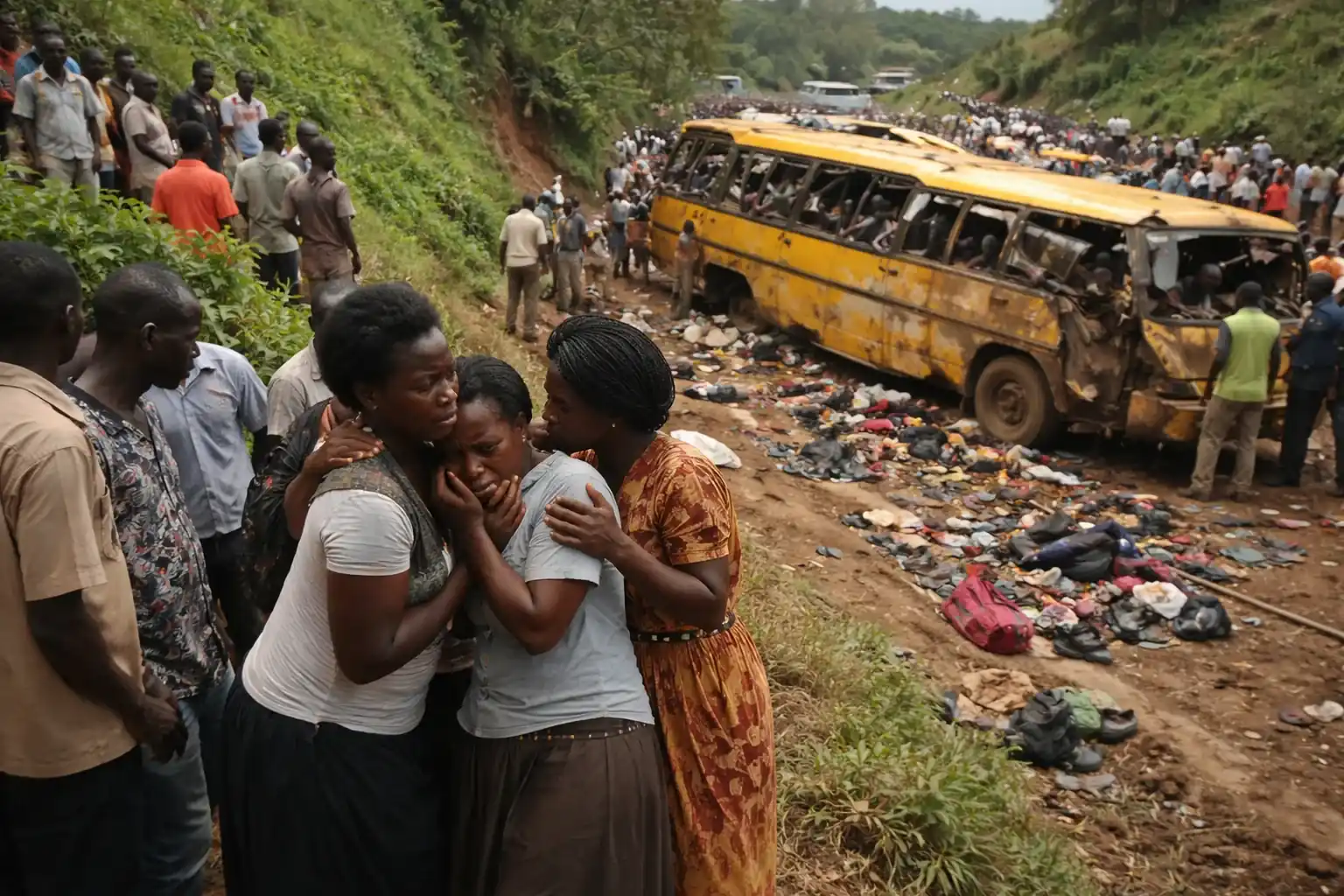 A damaged school bus being inspected after a fatal accident in Uganda.