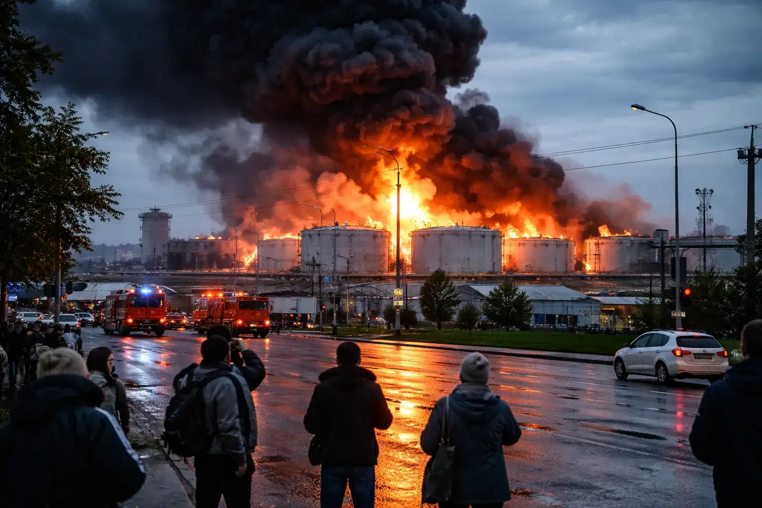 Large plume of smoke rising from a hit oil terminal in St Petersburg following a Ukrainian drone strike.