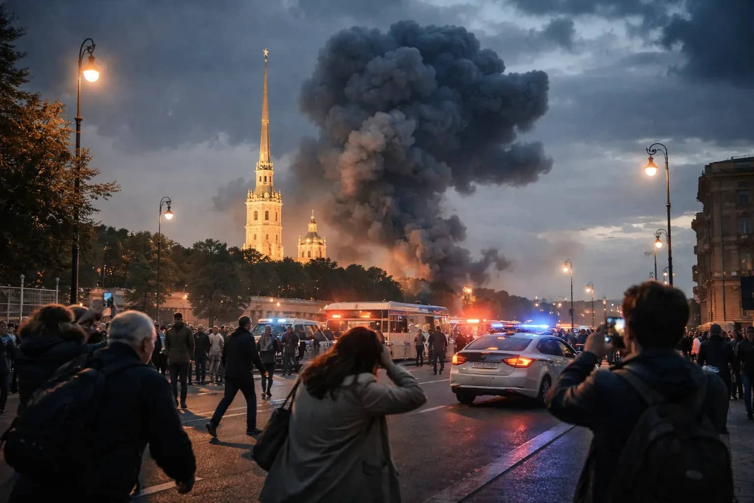 Unknown location showing drones and explosions during the attack on the St Petersburg region.