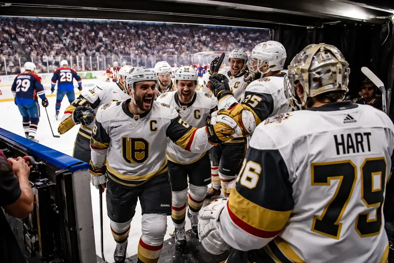 Vegas Golden Knights and Colorado Avalanche players in action during Game 1 of the NHL Western Conference Finals.