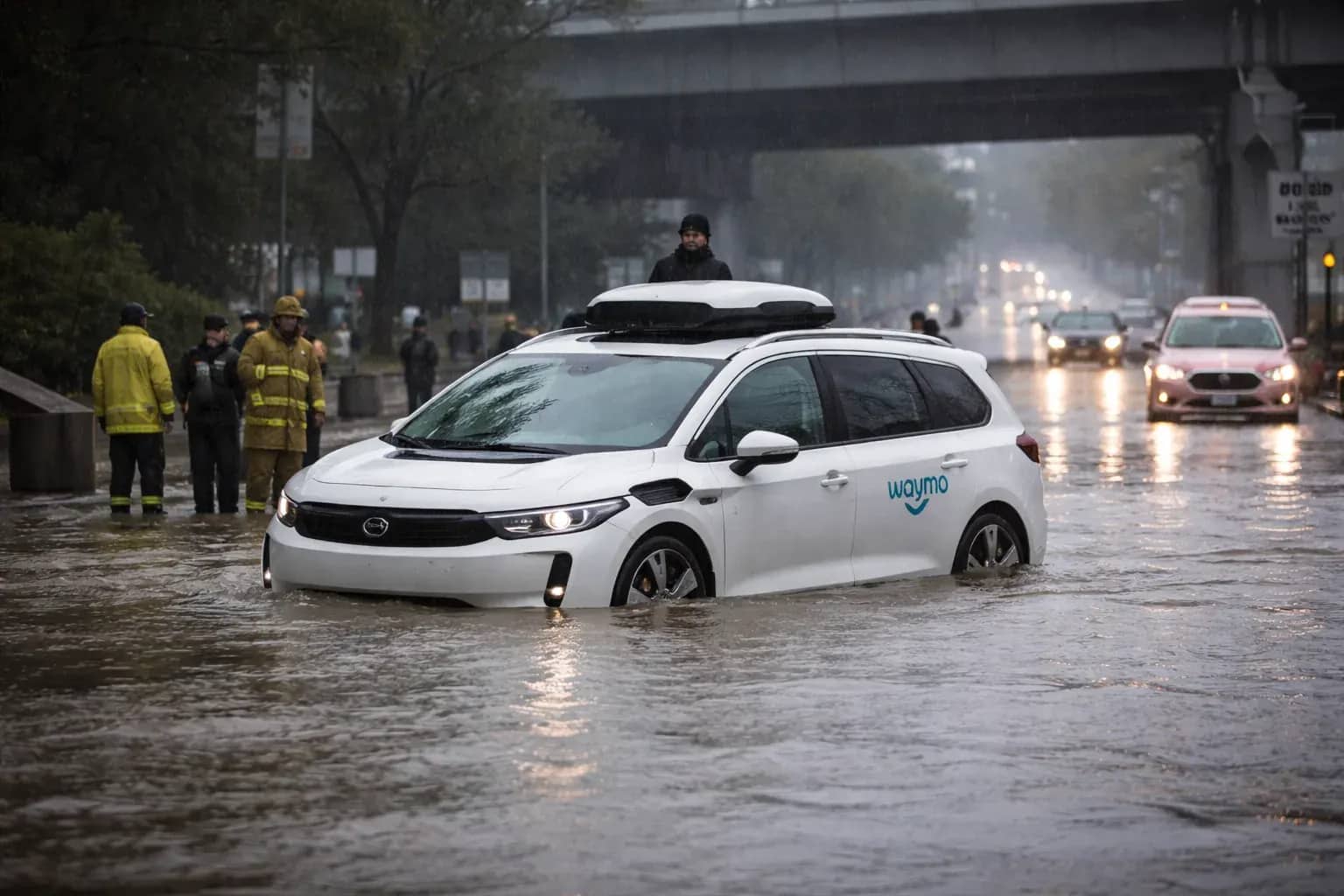 A Waymo self-driving car equipped with sensors and cameras navigating a city street.