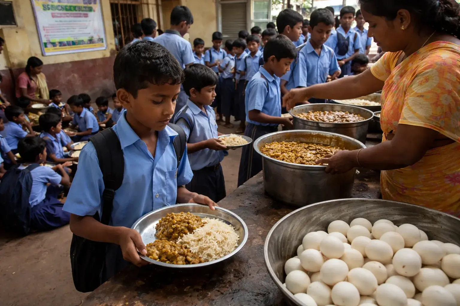 A stack of eggs in a carton, representing the central subject of the school lunch debate in West Bengal.