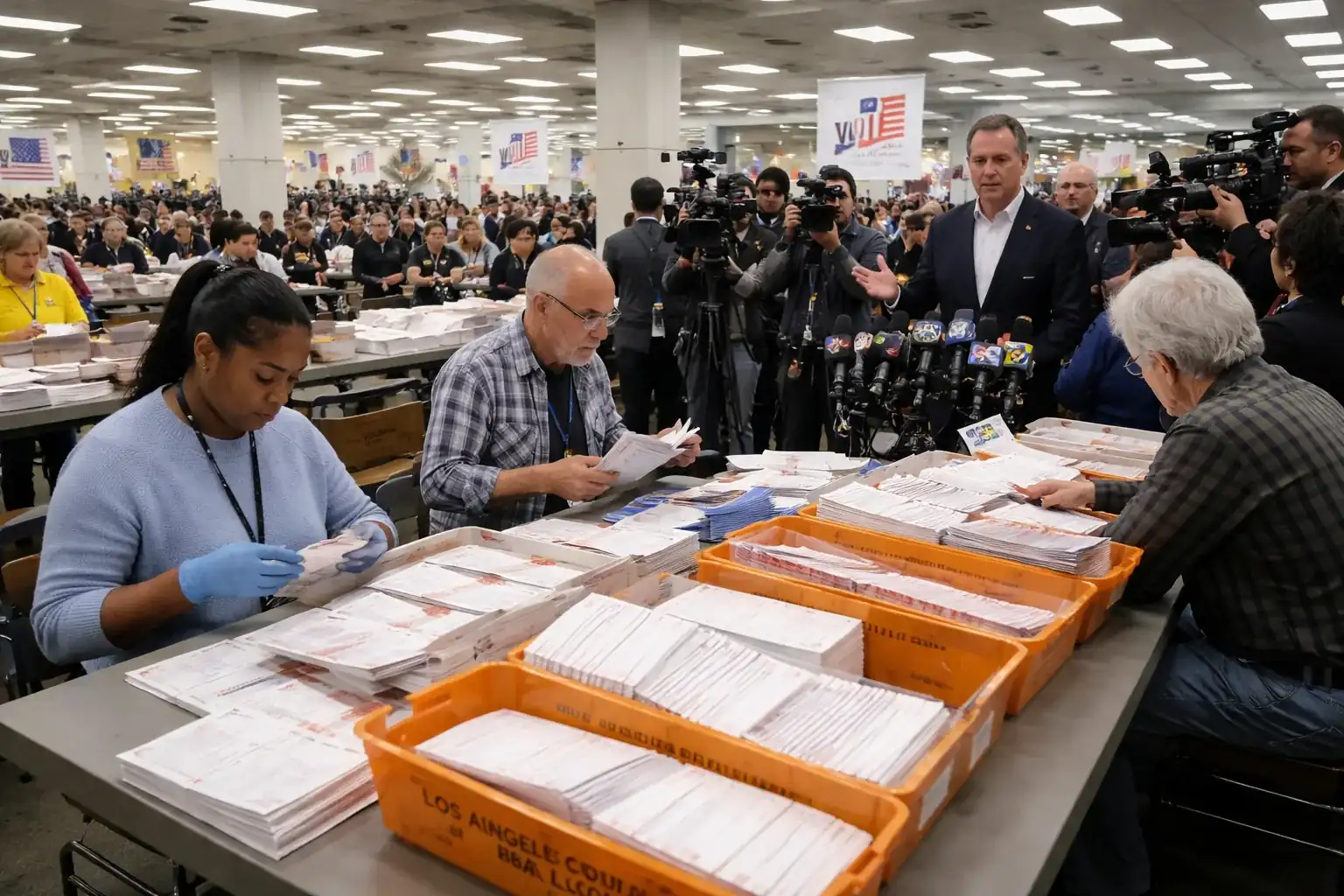 Election workers move and organize mail-in ballots at the Los Angeles County Ballot Processing Center.