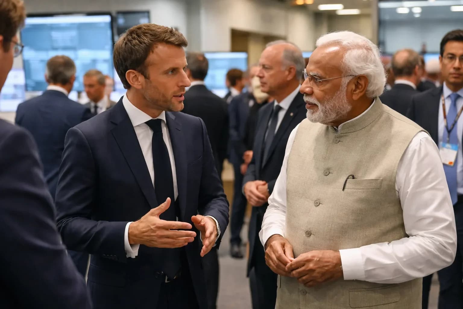 French President Emmanuel Macron and other G7 leaders at a summit meeting discussing AI policy.