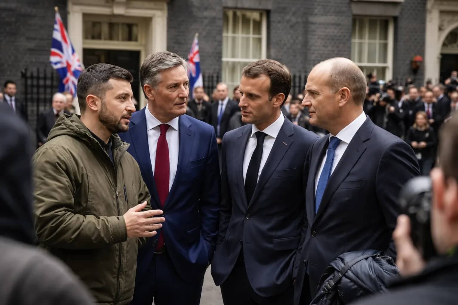 President Zelensky and Prime Minister Keir Starmer greeting each other outside 10 Downing Street.