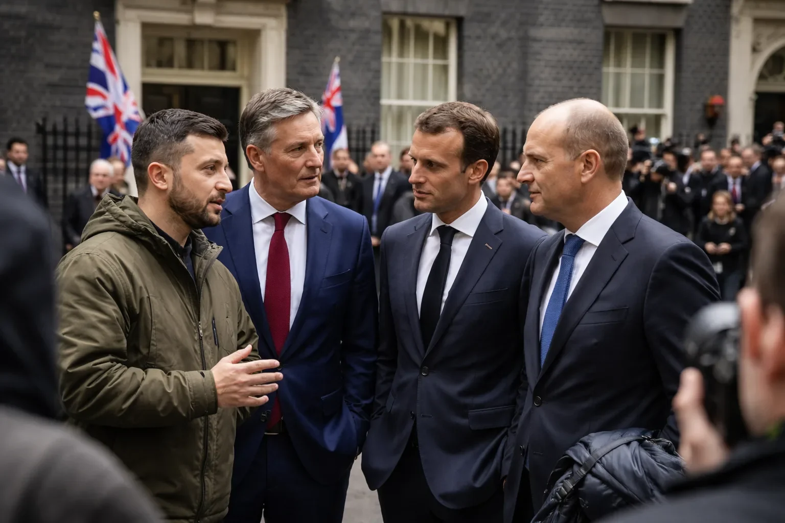 President Zelensky and Prime Minister Keir Starmer greeting each other outside 10 Downing Street.