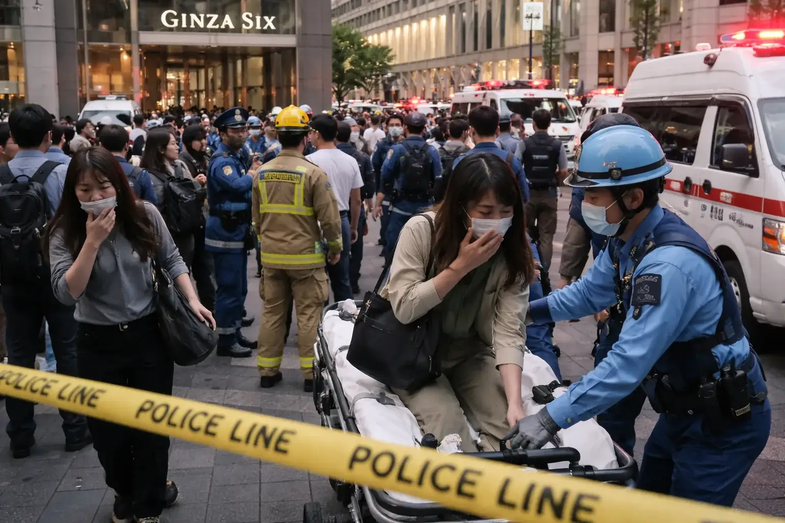 Emergency responders and police officers cordoning off the area outside the Ginza 6 shopping complex in Tokyo.