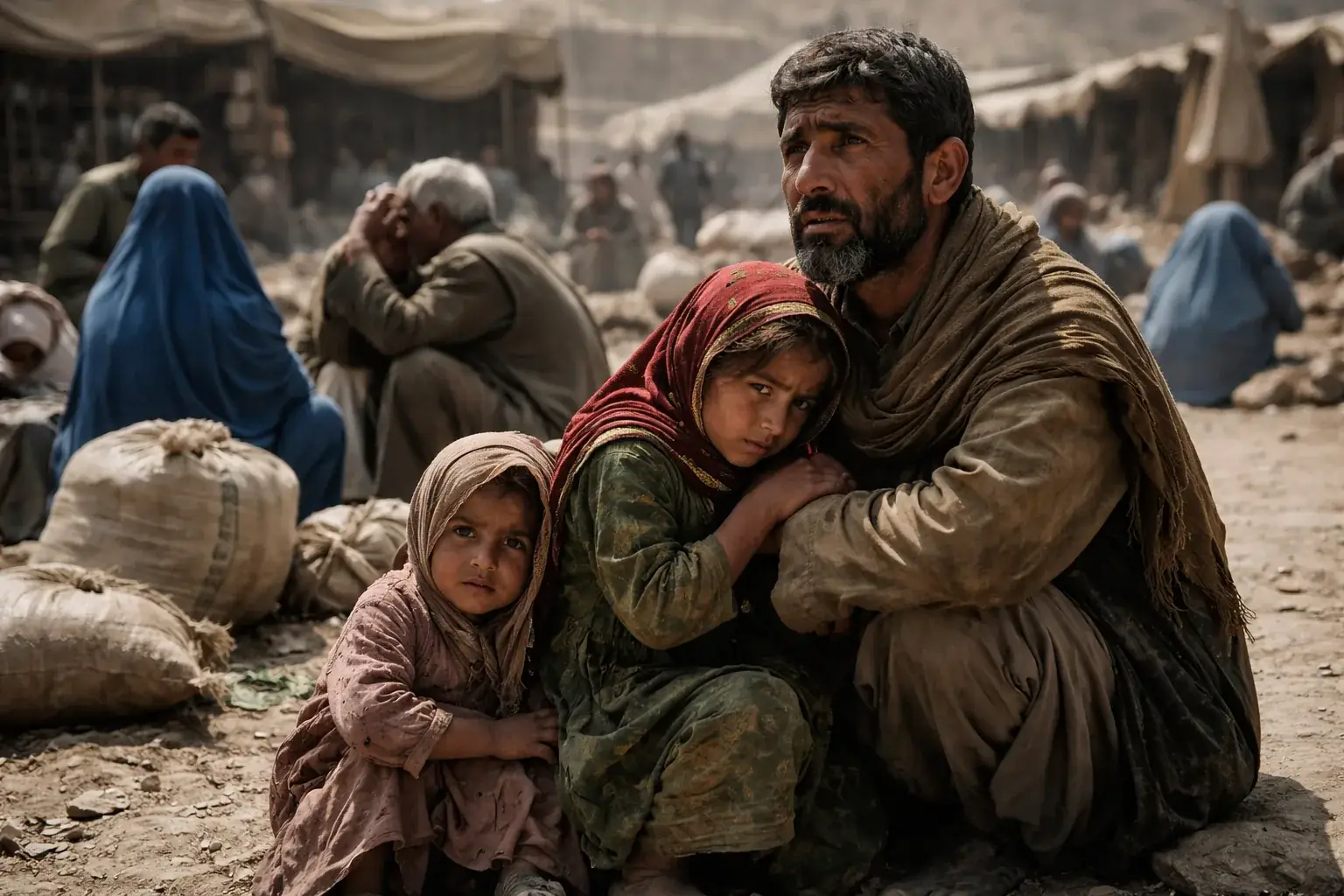 A group of Afghan men gathered in a dusty square in Ghor province seeking work.