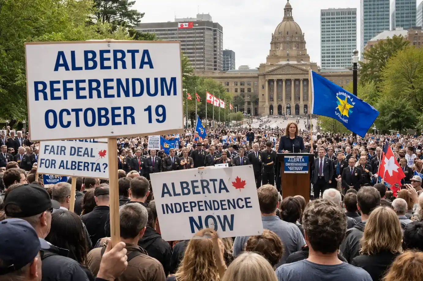 Alberta Premier Danielle Smith speaking at a press conference regarding the provincial referendum.