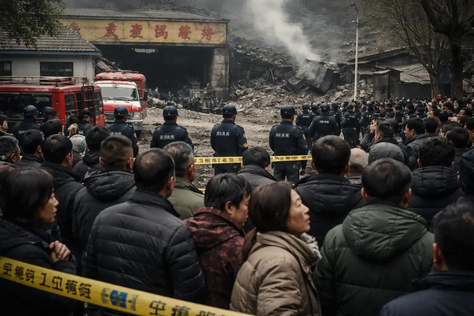 Police officers guard the road leading to the Liushenyu coal mine in Shanxi province.
