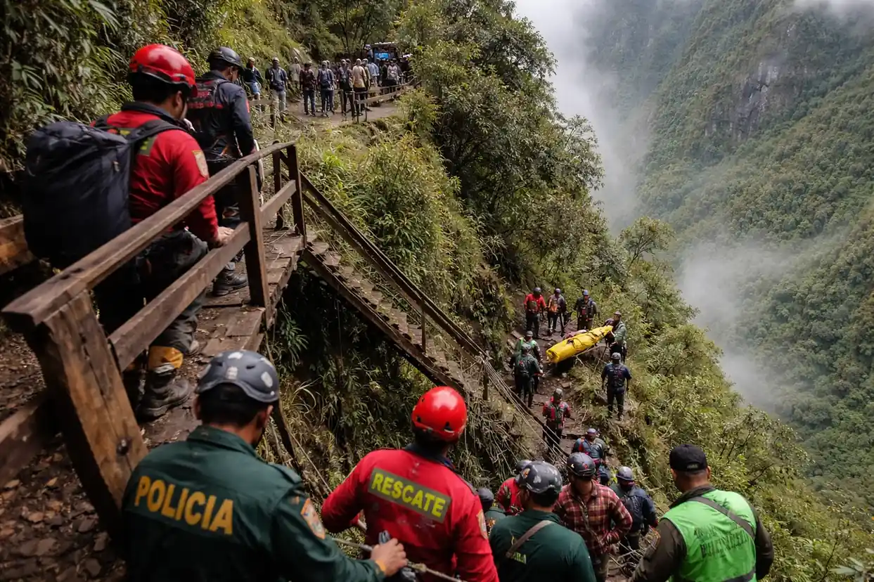 A steep section of the Inca Trail leading toward Machu Picchu in Peru.