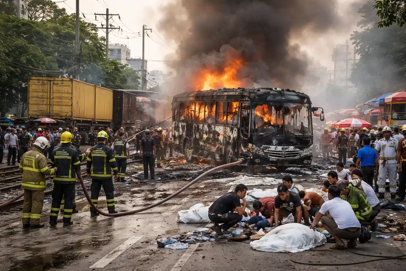 Emergency services working at the scene of a bus and train collision in Bangkok
