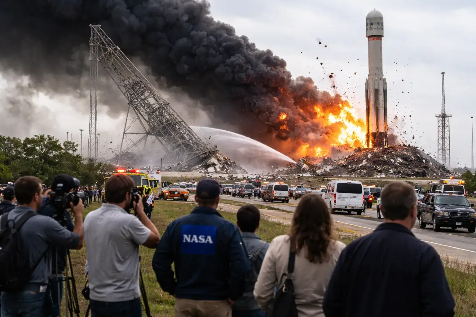 A large fireball and smoke rising from a rocket launch pad after an explosion.