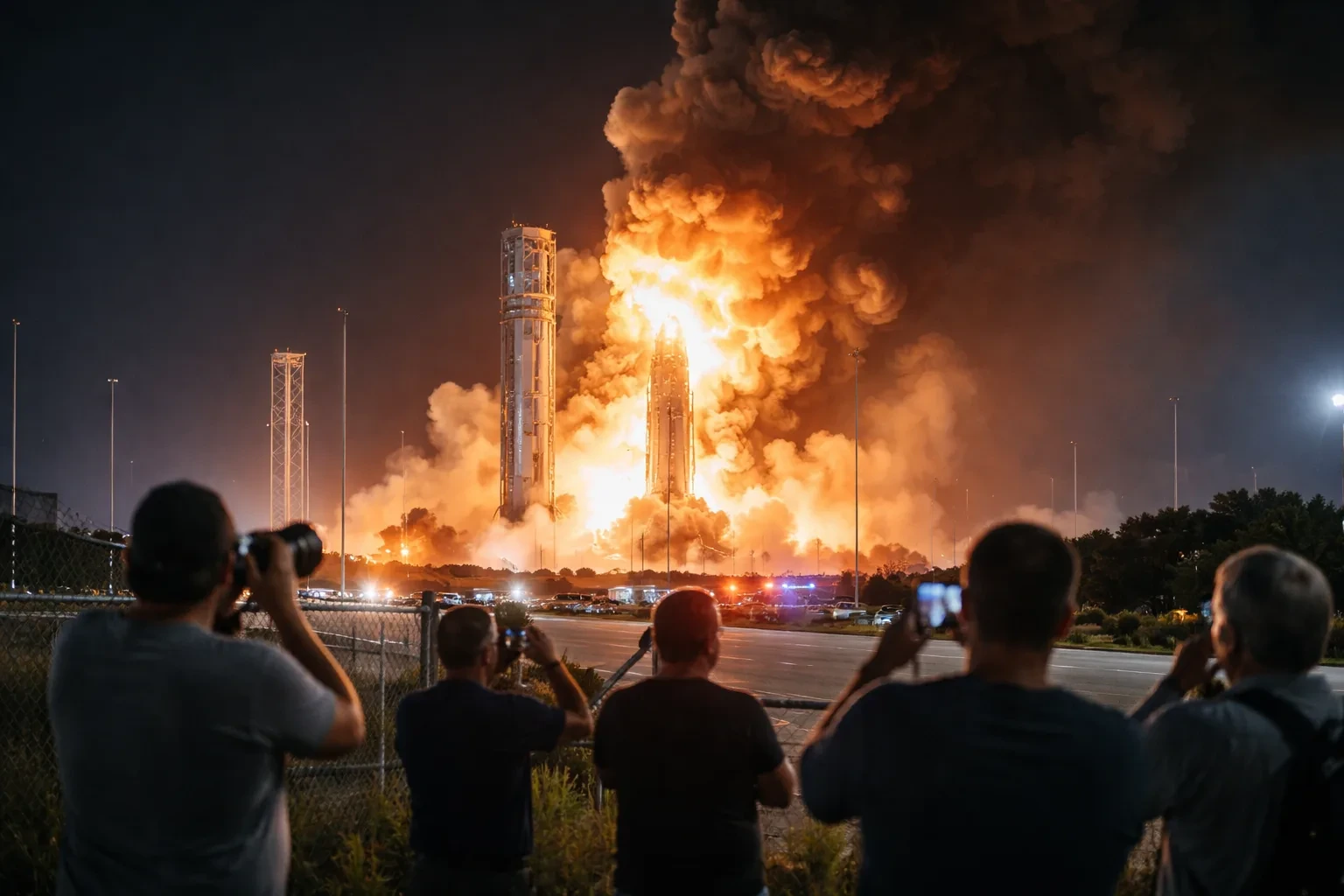 A plume of smoke and fire at a rocket launch pad during a test.