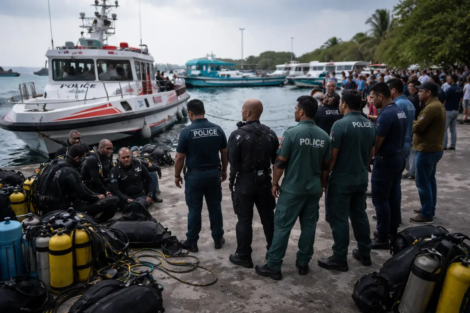 A group portrait of the Italian divers and a photo of a Maldivian rescue diver.