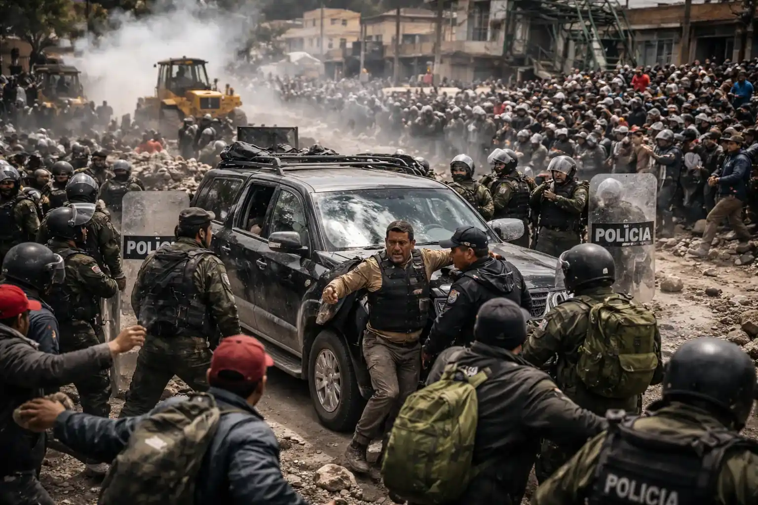 Security forces and anti-government demonstrators clash on a highway in Bolivia during roadblock clearance operations.