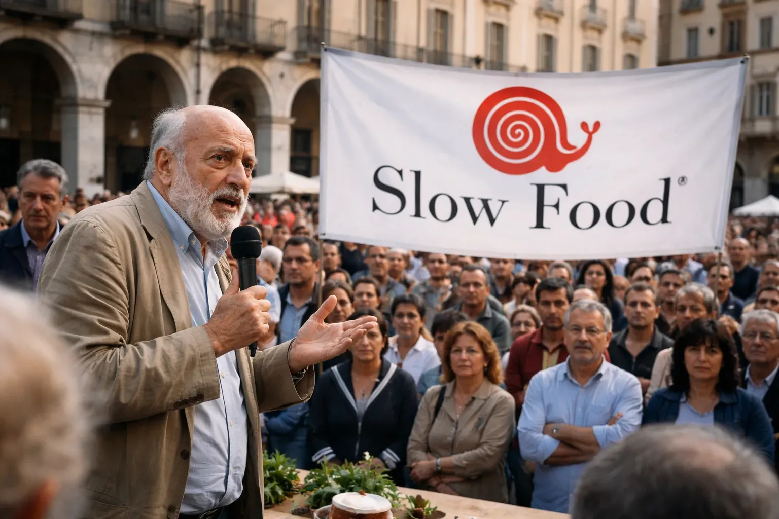 Carlo Petrini speaking at a sustainable food event