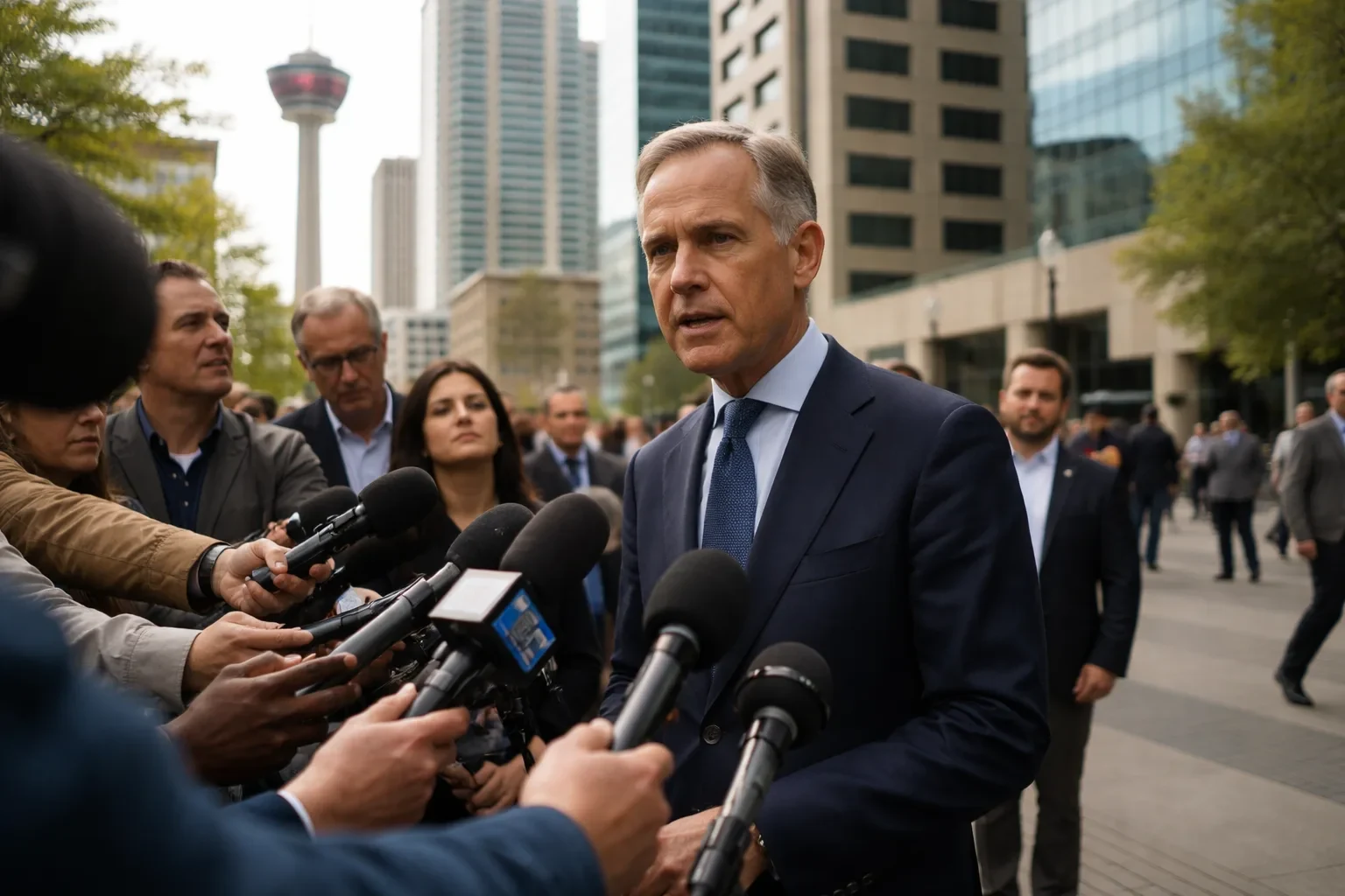 Prime Minister Mark Carney speaking at a press conference regarding Canadian national unity.