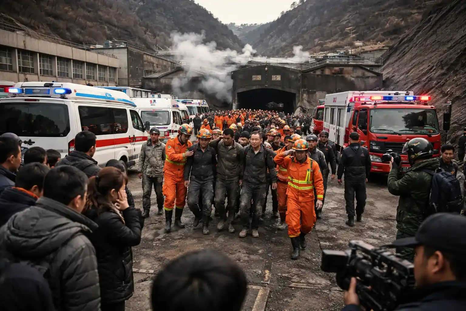 Rescue and emergency response vehicles gathered at the site of a coal mine disaster in Shanxi province, China.