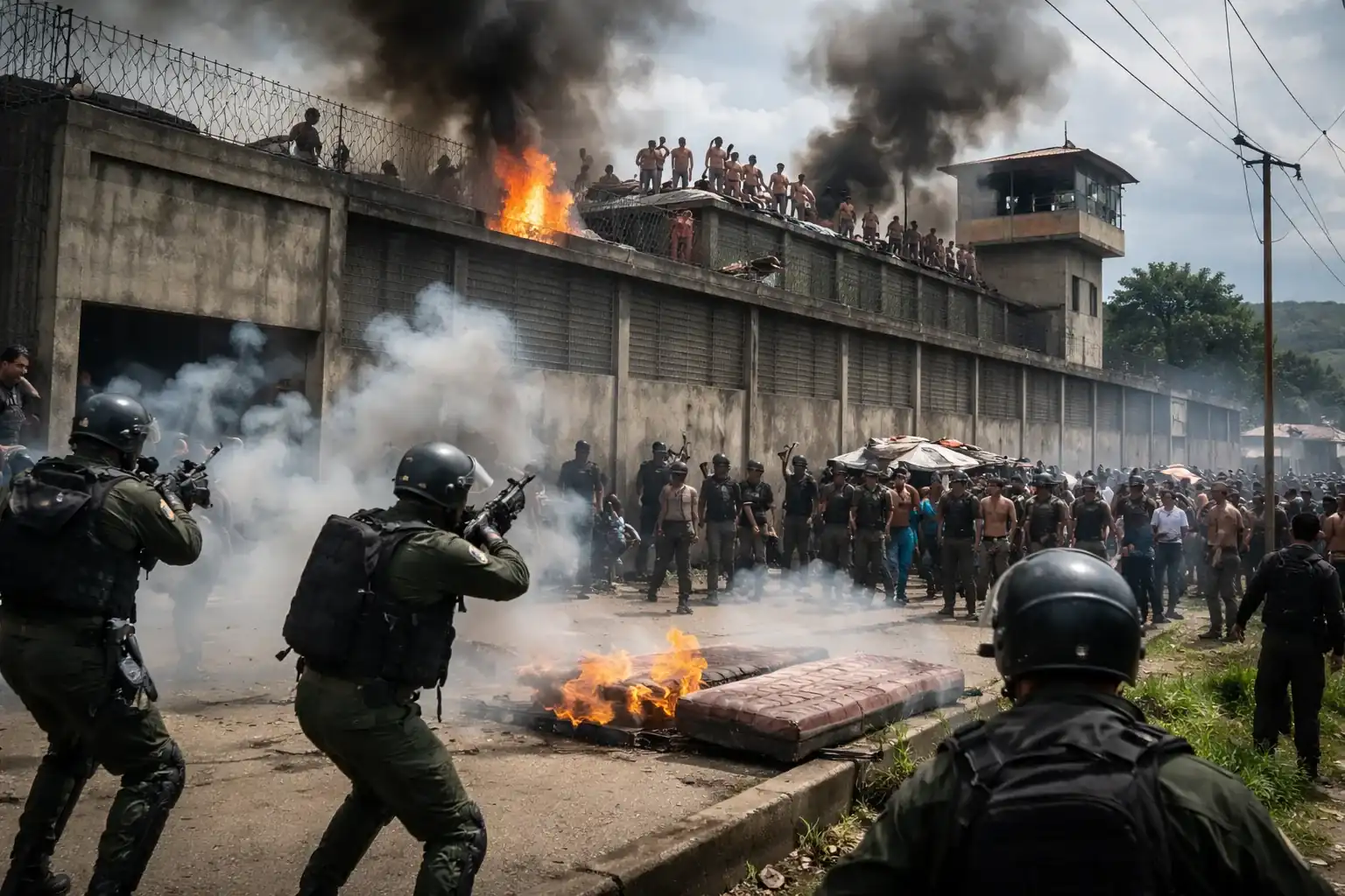 Inmates protesting on the roof of Injuba prison in Venezuela with smoke rising from burning mattresses.