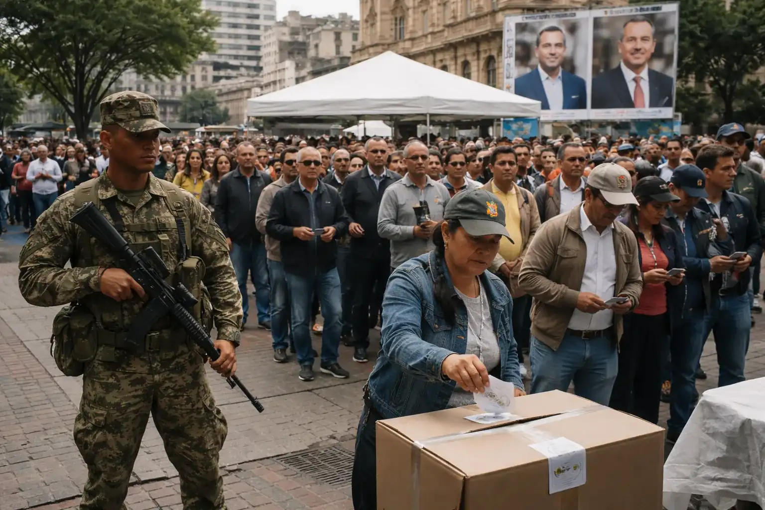 Right-wing presidential candidate Abelardo de la Espriella speaking behind bulletproof glass at a campaign rally.