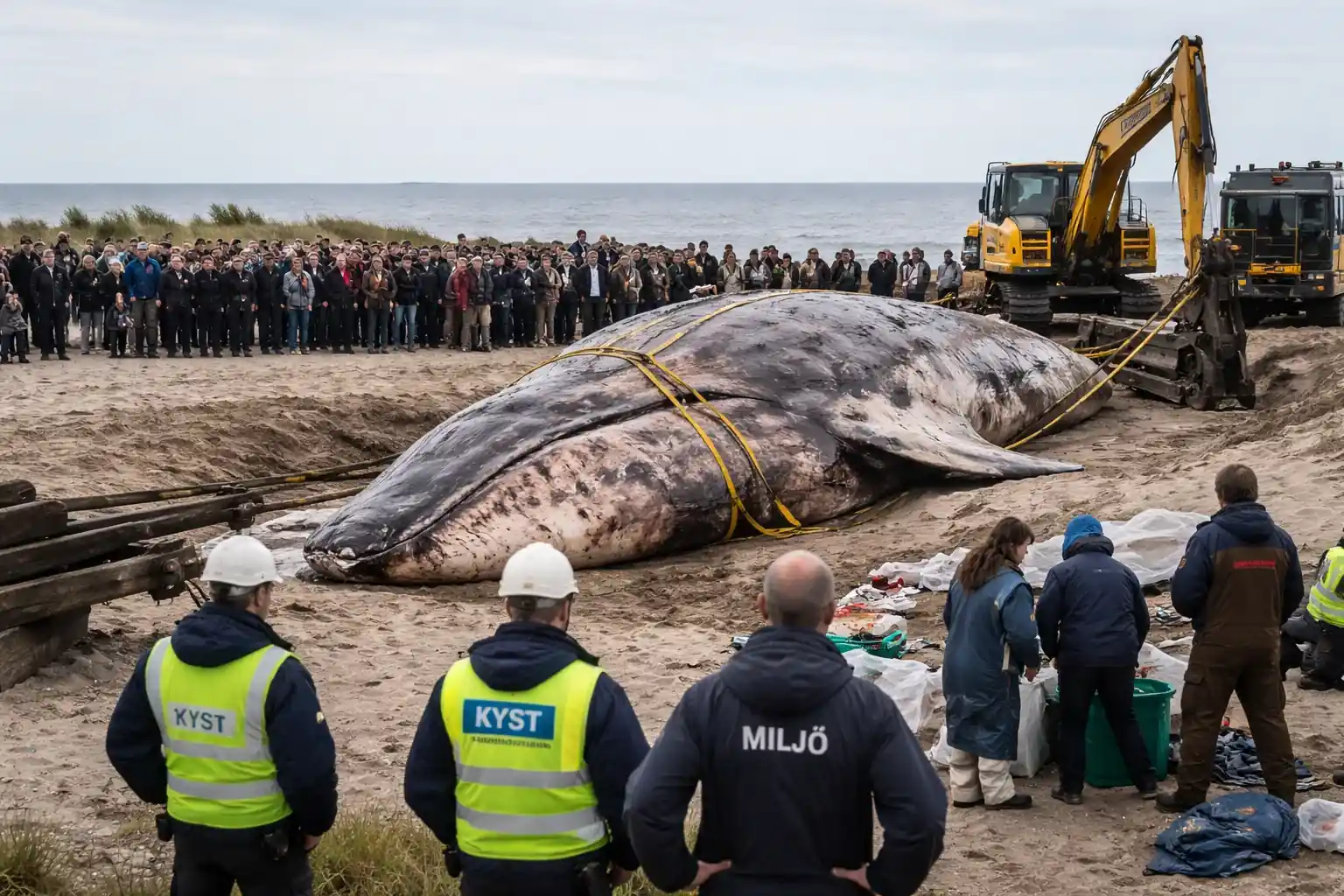 A dead humpback whale being towed by an industrial winch on a Danish beach.