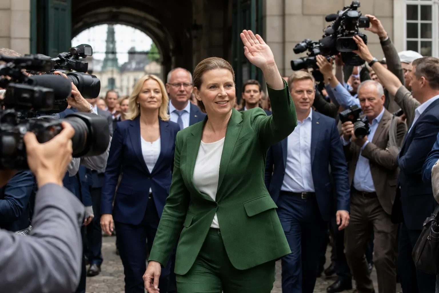 Acting Danish Prime Minister Mette Frederiksen waves after meeting the King of Denmark