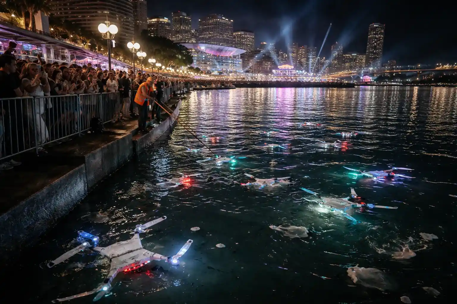 Drones from the Vivid Sydney light show falling into the water at Darling Harbour.