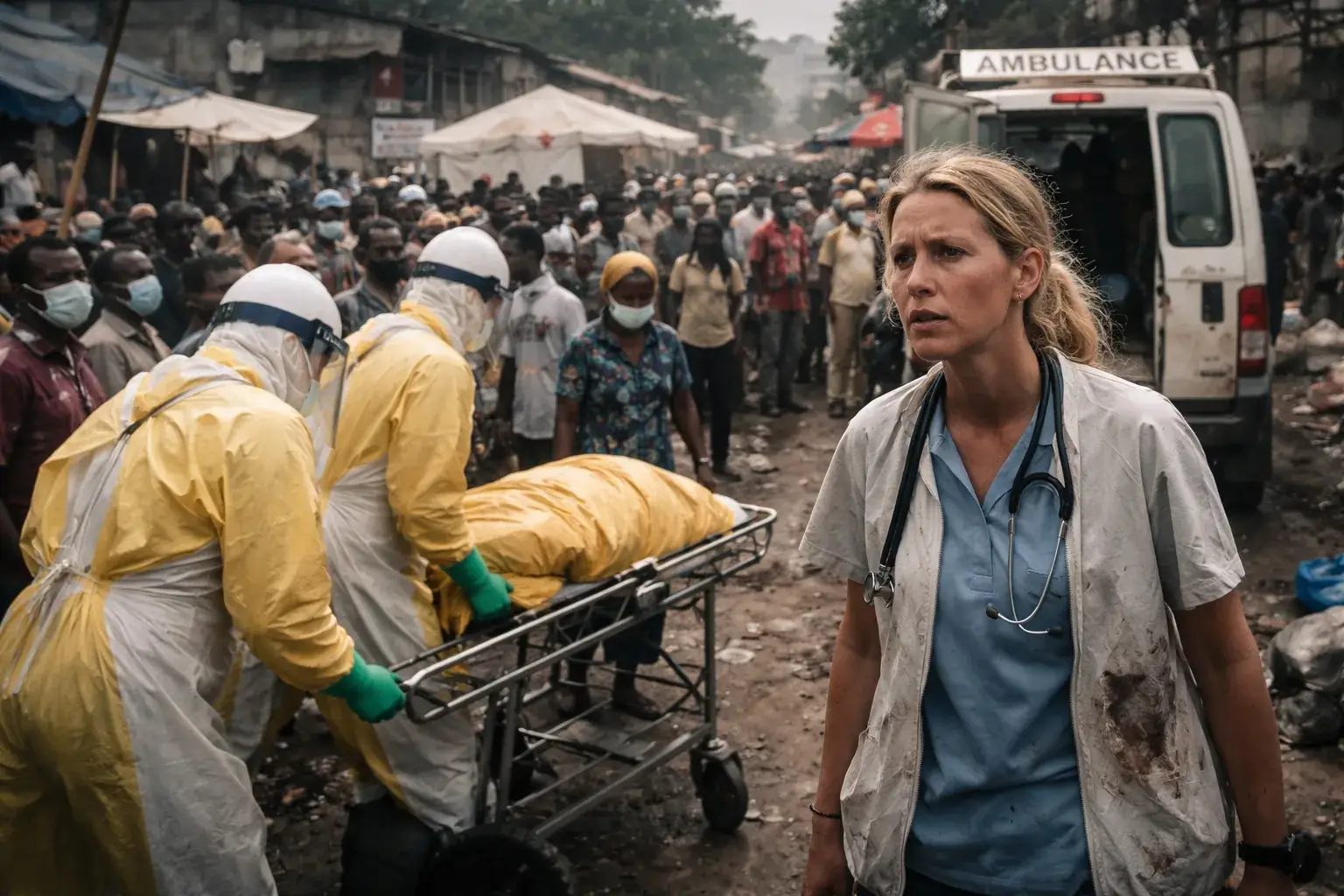 Health workers monitoring people's temperatures in an effort to prevent the spread of the Ebola virus