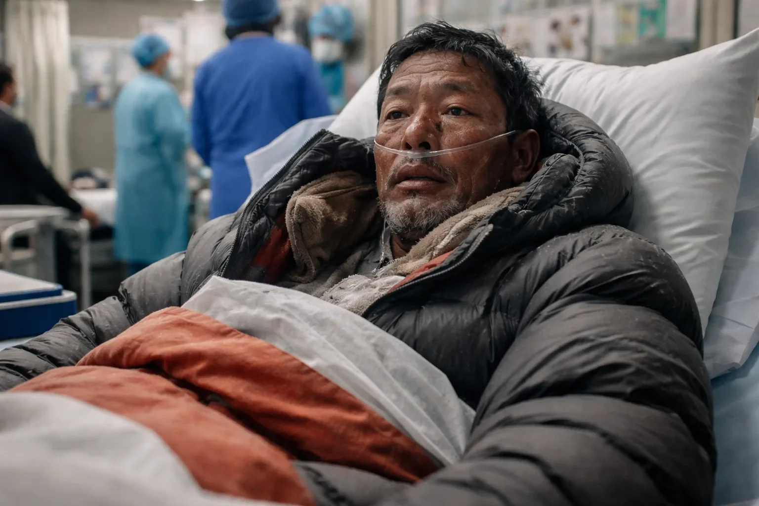 Dawa Sherpa receiving treatment in a Kathmandu hospital after his rescue from Mount Everest.
