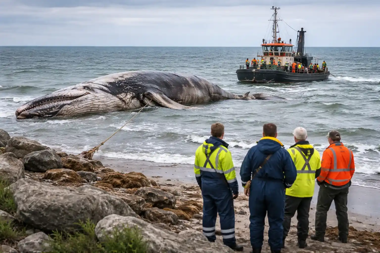 The carcass of a humpback whale floating in shallow water near Anholt island.