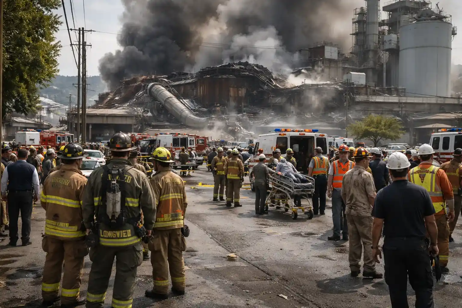Emergency response vehicles and industrial structures at the Nippon Dynawave Packaging mill in Longview, Washington.