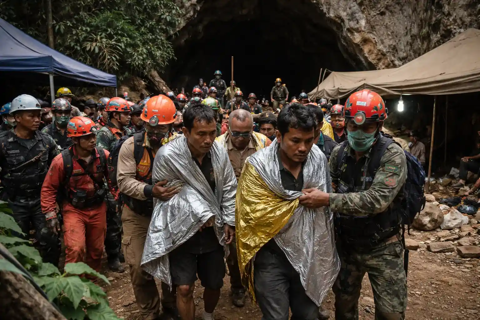 Rescue divers move through narrow, flooded, and muddy tunnels during the cave rescue operation in Laos.